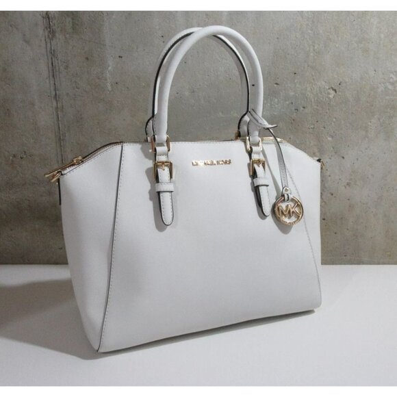 Michael Kors Ciara Large Top Zip Saffiano Leather Satchel Handbag Optic White - Picture 2 of 9